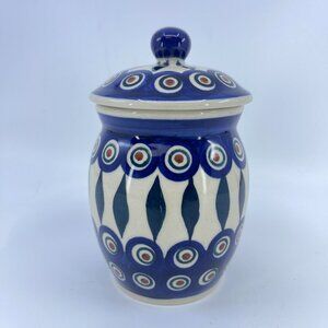 vintage boleslawiec polish pottery lidded jar "peacock" pattern handcrafted